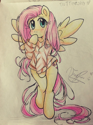 Size: 956x1278 | Tagged: safe, artist:veronica453, fluttershy, pegasus, semi-anthro, g4, adorasexy, bipedal, blushing, clothes, covering, covering mouth, cute, female, looking at you, mare, sexy, shy, shyabetes, solo, spread wings, traditional art, watermark, wings