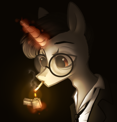Size: 1576x1636 | Tagged: safe, artist:astralblues, oc, oc only, oc:kain, pony, unicorn, black background, cigarette, clothes, glasses, glowing horn, horn, lighter, magic, male, simple background, smoking, solo, stallion, suit, telekinesis