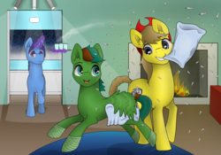 Size: 1024x717 | Tagged: safe, artist:zeronitroman, oc, oc only, oc:liz (cardshark777), oc:marquis majordome, oc:windy barebow evergreen, earth pony, pegasus, pony, unicorn, bandage, cup, cute, feather, female, fireplace, glasses, glowing horn, hat, horn, leg wraps, male, mare, mouth hold, pillow, pillow fight, stallion, tray, trio
