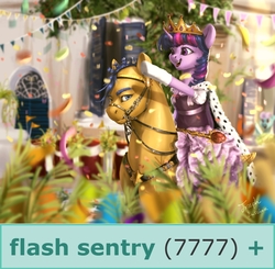 Size: 877x858 | Tagged: safe, artist:makkah, edit, flash sentry, twilight sparkle, alicorn, pony, derpibooru, g4, 7777, bit, bridle, clothes, crown, female, jewelry, male, meta, milestone, ponies riding ponies, regalia, reins, riding, scenery, scepter, ship:flashlight, shipping, smiling, straight, tack, tags, twilight riding flash sentry, twilight sparkle (alicorn)