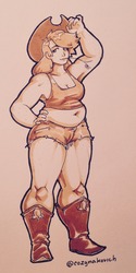 Size: 962x1920 | Tagged: safe, artist:cozynakovich, applejack, human, g4, applebucking thighs, applejacked, armpits, belly button, boots, chubby, clothes, daisy dukes, female, freckles, hand on waist, hat, humanized, muffin top, muscles, plump, shoes, shorts, solo, straw, tank top, traditional art