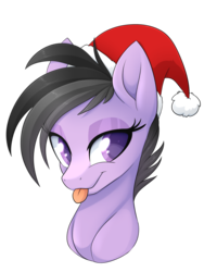 Size: 1937x2579 | Tagged: safe, artist:scarlet-spectrum, oc, oc only, oc:chloe jones, pony, :p, bedroom eyes, bust, christmas, female, hat, holiday, mare, santa hat, simple background, smiling, solo, tongue out, transparent background