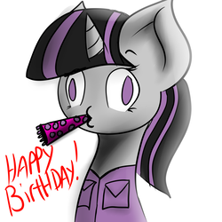 Size: 4000x4000 | Tagged: safe, artist:acehitter, oc, oc only, oc:magna-save, pony, unicorn, birthday, clothes, female, jacket, mare, party horn, simple background, solo, white background