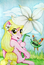 Size: 1061x1560 | Tagged: safe, artist:smartypurple, lily, lily valley, butterfly, pony, g4, female, flower, flower in hair, leaf, lily (flower), mare, meh, solo, traditional art