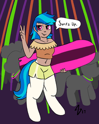 Size: 1609x2001 | Tagged: safe, artist:heretichesh, oc, oc only, oc:dee, pony, satyr, background pony, belly button, clothes, female, midriff, offspring, parent:vinyl scratch, peace sign, rave, shorts, strobe lights, surfboard