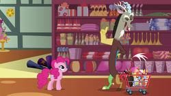 Size: 1280x720 | Tagged: safe, screencap, discord, pinkie pie, draconequus, earth pony, pony, discordant harmony, g4, duo, female, lava lamp, male, mare, piñata, rubber chicken, shopping cart, store, volcano