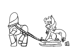 Size: 1400x1000 | Tagged: safe, artist:taletrotter, oc, oc only, oc:wisp chaser, earth pony, pony, robot, fallout equestria, christmas, female, filly, hearth's warming, holiday, lineart, oops, sled, sleigh, the years between, toy