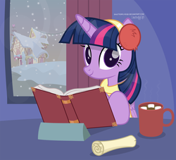 Size: 3036x2762 | Tagged: safe, artist:shutterflyeqd, twilight sparkle, alicorn, pony, book, chocolate, clothes, cup, cute, earmuffs, female, folded wings, food, hot chocolate, mare, marshmallow, ponyville, reading, scarf, sitting, smiling, snow, snowfall, solo, that pony sure does love books, twiabetes, twilight sparkle (alicorn), window