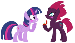 Size: 780x455 | Tagged: safe, artist:oggyxolivialover, fizzlepop berrytwist, tempest shadow, twilight sparkle, alicorn, pony, unicorn, g4, my little pony: the movie, blushing, female, lesbian, mare, marriage proposal, raised hoof, ship:tempestlight, shipping, simple background, standing, twilight sparkle (alicorn)