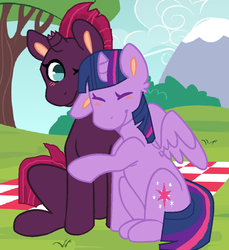 Size: 868x948 | Tagged: safe, artist:frozenkaly, fizzlepop berrytwist, tempest shadow, twilight sparkle, alicorn, pony, unicorn, g4, my little pony: the movie, blushing, duo, eyes closed, female, lesbian, mare, ship:tempestlight, shipping, sitting, twilight sparkle (alicorn)