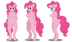 Size: 1639x962 | Tagged: safe, artist:flash equestria photography, pinkie pie, earth pony, anthro, unguligrade anthro, g4, barbie doll anatomy, breasts, busty pinkie pie, featureless breasts, featureless crotch, female, plump, show accurate, show accurate anthro, simple background, solo, white background