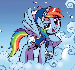 Size: 650x600 | Tagged: safe, idw, rainbow dash, pegasus, pony, g4, spoiler:comic, spoiler:comicholiday2017, clothes, cloud, female, hat, looking at you, mare, open mouth, scarf, smiling, snow, sweater, vest