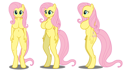 Size: 1736x971 | Tagged: safe, artist:flash equestria photography, fluttershy, anthro, unguligrade anthro, g4, barbie doll anatomy, big breasts, breasts, busty fluttershy, featureless breasts, featureless crotch, female, show accurate, show accurate anthro, simple background, solo