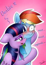 Size: 2480x3507 | Tagged: safe, artist:twidasher, rainbow dash, twilight sparkle, alicorn, pegasus, pony, g4, bedroom eyes, blushing, dialogue, duo, female, high res, lesbian, mare, open mouth, ship:twidash, shipping, twilight sparkle (alicorn)