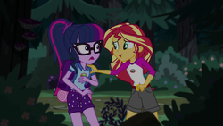 Size: 1280x720 | Tagged: safe, screencap, sci-twi, sunset shimmer, twilight sparkle, equestria girls, g4, my little pony equestria girls: legend of everfree, backpack, camp everfree outfits, clothes, glasses, open mouth, shorts
