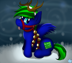 Size: 1500x1300 | Tagged: safe, artist:cloufy, oc, oc only, oc:circuit breaker, pegasus, pony, antlers, bells, bridle, collar, cutie mark, harness, reindeer antlers, snow, solo, tack, tongue out, wings, winter, ych result