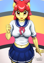 Size: 955x1351 | Tagged: safe, artist:mysticalpha, apple bloom, earth pony, anthro, g4, belly button, bow, bracelet, caramella girls, caramelldansen, clenched fist, clothes, cute, female, hair bow, jewelry, looking at you, midriff, older, open mouth, pleated skirt, sailor uniform, skirt, socks, solo, thigh highs, zettai ryouiki