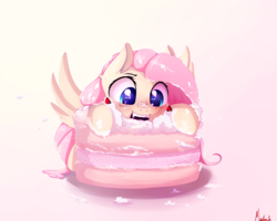 Size: 2500x2000 | Tagged: safe, artist:miokomata, fluttershy, pegasus, pony, g4, blushing, cake, cute, eating, eyes on the prize, fangs, female, food, freckles, frosting, gradient background, herbivore, high res, macaron, messy eating, open mouth, shyabetes, simple background, smiling, spread wings, strawberry, strawberry cake, wings