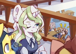 Size: 3200x2300 | Tagged: safe, artist:馬文, earth pony, pony, unicorn, akko kagari, clothes, diana cavendish, female, high res, juice, juice box, little witch academia, lotte yanson, mare, one eye closed, ponified, skirt, sucy manbavaran, suit, wink