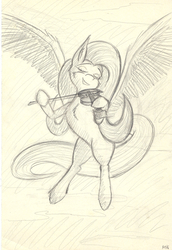 Size: 2368x3440 | Tagged: safe, artist:maneingreen, fluttershy, pegasus, pony, g4, female, fiddle, flying, high res, music, pencil, sketch, smiling, solo, traditional art