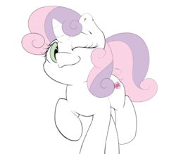 Size: 1367x1200 | Tagged: safe, artist:lyrabop, sweetie belle, pony, unicorn, g4, cute, cutie mark, female, filly, looking at you, one eye closed, raised hoof, simple background, solo, the cmc's cutie marks, white background, wink