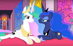 Size: 1006x630 | Tagged: safe, edit, edited screencap, screencap, princess celestia, princess luna, alicorn, pony, a royal problem, g4, bedroom eyes, cute, cutie mark swap, eyeshadow, female, folded wings, implied lesbian, implied princest, implied shipping, lidded eyes, looking at each other, loving gaze, makeup, mare, prone, royal sisters, seductive, seductive look, sexy, shipping fuel, smiling, sploot, stupid sexy celestia, stupid sexy princess luna