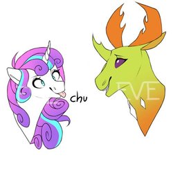 Size: 600x600 | Tagged: safe, artist:evoireen, princess flurry heart, thorax, alicorn, changedling, changeling, pony, g4, cross-eyed, duo, female, horn, king thorax, looking at each other, male, ship:flurrax, shipping, simple background, smiling, straight, tongue out, watermark