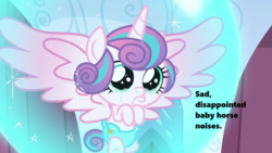 Size: 1280x720 | Tagged: safe, edit, edited screencap, screencap, princess flurry heart, pony, g4, season 6, the crystalling, about to cry, baby, baby pony, bubble, cloth diaper, cute, descriptive noise, diaper, diapered, diapered filly, female, filly, flurrybetes, foal, horse noises, light pink diaper, meme, sad, safety pin, solo, teary eyes