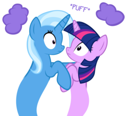 Size: 587x546 | Tagged: safe, artist:navitaserussirus, trixie, twilight sparkle, genie, asktwixiegenies, g4, cloud, cropped, female, lesbian, ship:twixie, shipping, simple background, white background