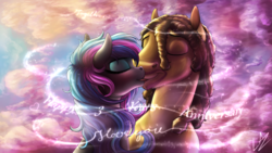 Size: 3840x2160 | Tagged: safe, artist:lupiarts, oc, oc only, oc:obabscribbler, oc:reverb, pony, anniversary, commission, eyes closed, high res, kissing, obaverb, oc x oc, shipping