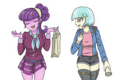 Size: 6200x4092 | Tagged: safe, artist:sumin6301, coco pommel, suri polomare, equestria girls, g4, my little pony equestria girls: friendship games, absurd resolution, backpack, boots, clothes, crystal prep academy uniform, duo, duo female, equestria girls-ified, eyes closed, female, open mouth, paper bag, plaid skirt, school uniform, shoes, shorts, shrug, simple background, skirt, smiling, thigh boots, white background