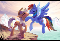 Size: 2891x2000 | Tagged: safe, artist:enjaadjital, applejack, rainbow dash, earth pony, pegasus, pony, g4, commission, duo, eyes closed, female, flying, high res, lesbian, licking, mare, scenery, ship:appledash, shipping, smiling, tongue out