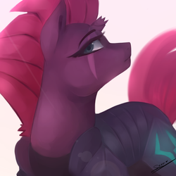 Size: 700x700 | Tagged: safe, artist:saracentric, tempest shadow, pony, g4, my little pony: the movie, broken horn, eye scar, female, horn, scar, signature, simple background, solo
