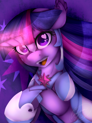 Size: 600x800 | Tagged: safe, artist:jacobdawz, twilight sparkle, pony, g4, armor, element of magic, female, glowing horn, heart eyes, hooves together, horn, rearing, signature, solo, starry eyes, wingding eyes