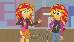 Size: 1920x1080 | Tagged: safe, artist:namyg, sunset shimmer, equestria girls, g4, city, clothes, duality, human sunset, jacket, self paradox, subtitles, youtube link