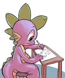 Size: 2780x3333 | Tagged: safe, artist:gsphere, spike, dragon, g4, drawing, high res, left handed, male, paper, pencil, simple background, solo, stool, table