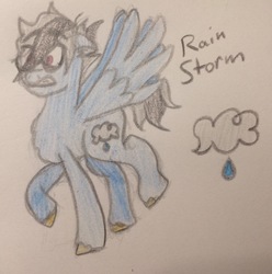 Size: 2028x2048 | Tagged: safe, artist:pumpkinpie59, oc, oc only, oc:rain storm, pegasus, pony, glasses, high res, male, next generation, offspring, parent:quibble pants, parent:rainbow dash, parents:quibbledash, solo, stallion, traditional art