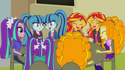 Size: 1920x1080 | Tagged: safe, artist:namyg, adagio dazzle, aria blaze, sonata dusk, sunset shimmer, equestria girls, g4, city, clothes, duality, human counterpart, human dazzlings, human sunset, jacket, self paradox, table, the dazzlings