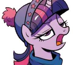 Size: 291x252 | Tagged: safe, artist:brendahickey, edit, idw, twilight sparkle, alicorn, pony, g4, spoiler:comic, spoiler:comicholiday2017, background removed, bust, clothes, female, frown, glare, hat, lidded eyes, mare, open mouth, portrait, scarf, simple background, solo, transparent background, twilight sparkle (alicorn)