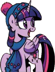 Size: 220x289 | Tagged: safe, artist:brenda hickey, edit, idw, twilight sparkle, alicorn, pony, g4, spoiler:comic, spoiler:comicholiday2017, background removed, beanie, clothes, female, hat, scarf, simple background, solo, transparent background, twilight sparkle (alicorn)