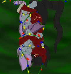 Size: 2454x2550 | Tagged: safe, artist:wesleyfoxx, oc, oc only, oc:losian, oc:lupine, bat pony, bat pony oc, christmas, christmas lights, colored sketch, dangling, high res, holiday, hug, red and black oc, smiling, upside down, winghug