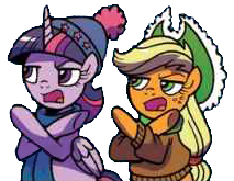 Size: 213x165 | Tagged: safe, artist:brendahickey, edit, idw, applejack, twilight sparkle, alicorn, pony, g4, spoiler:comic, spoiler:comicholiday2017, background removed, beanie, clothes, crossed arms, duo, hat, nope, scarf, simple background, sweater, transparent background, twilight sparkle (alicorn)