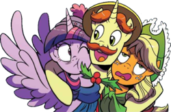 Size: 663x436 | Tagged: safe, artist:brenda hickey, edit, idw, applejack, flam, twilight sparkle, alicorn, pony, g4, spoiler:comic, spoiler:comicholiday2017, background removed, clothes, hat, hug, one eye closed, scarf, side hug, simple background, sweater, transparent background, twilight sparkle (alicorn)