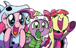 Size: 505x321 | Tagged: safe, artist:brenda hickey, edit, idw, apple bloom, pinkie pie, spike, dragon, g4, spoiler:comic, spoiler:comicholiday2017, background removed, clothes, hat, nose in the air, scarf, simple background, starry eyes, transparent background, wingding eyes