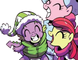 Size: 375x286 | Tagged: safe, artist:brenda hickey, edit, idw, apple bloom, pinkie pie, spike, dragon, g4, spoiler:comic, spoiler:comicholiday2017, background removed, christmas, clothes, female, grin, hat, holiday, male, santa hat, scarf, ship:spikebloom, shipping, simple background, smiling, straight, transparent background