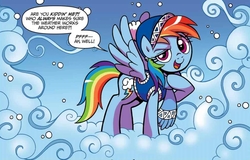 Size: 987x633 | Tagged: safe, artist:brendahickey, idw, rainbow dash, pegasus, pony, g4, spoiler:comic, spoiler:comicholiday2017, beanie, bundled up for winter, clothes, cloud, comic, female, hat, mare, open mouth, scarf, smiling, snow, snowfall, solo, sweater, vest, winter outfit