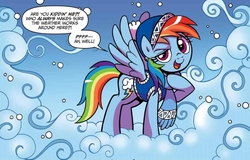 Size: 987x633 | Tagged: safe, artist:brenda hickey, idw, rainbow dash, pegasus, pony, g4, spoiler:comic, spoiler:comicholiday2017, beanie, bundled up for winter, clothes, cloud, comic, female, hat, mare, open mouth, scarf, smiling, snow, snowfall, solo, sweater, vest, winter outfit