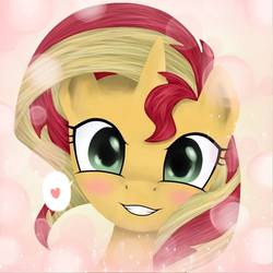 Size: 960x960 | Tagged: safe, artist:ec31314, sunset shimmer, pony, unicorn, g4, blushing, bust, cute, female, grin, heart, looking at you, mare, shimmerbetes, smiling