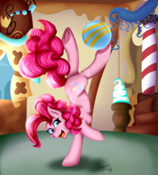 Size: 1024x1138 | Tagged: safe, artist:shamy-crist, pinkie pie, earth pony, pony, g4, ball, female, handstand, mare, solo, sugarcube corner, upside down, watermark