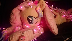 Size: 4320x2432 | Tagged: safe, artist:neysanight, derpy hooves, doctor whooves, fluttershy, time turner, g4, christmas, christmas lights, holiday, i'd like to be a tree, irl, photo, plushie